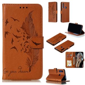 Feather Pattern Litchi Texture Horizontal Flip Leather Case with Wallet & Holder & Card Slots For Huawei P Smart Z / Y9 Prime (2019)(Brown) (OEM)