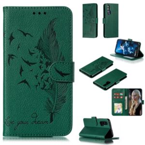 Feather Pattern Litchi Texture Horizontal Flip Leather Case with Wallet & Holder & Card Slots For Huawei Honor 20 Pro(Green) (OEM)