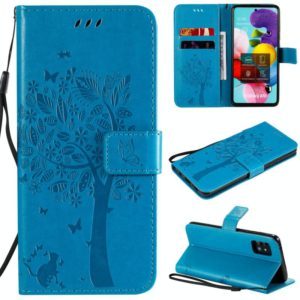 For Samsung Galaxy A51 5G Tree & Cat Embossed Pattern Horizontal Flip Leather Case with Holder & Card Slots & Wallet & Lanyard(Blue) (OEM)