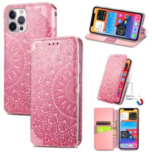 For iPhone 12 Pro Max Blooming Mandala Embossed Pattern Magnetic Horizontal Flip Leather Case with Holder & Card Slots & Wallet(Pink) (OEM)