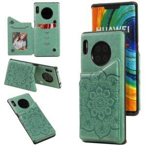For Huawei Mate 30 Pro Flower Embossing Pattern Shockproof Protective Case with Holder & Card Slots & Photo Frame(Green) (OEM)