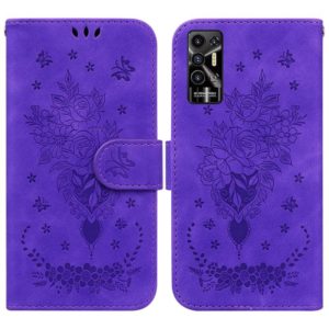 For Tecno Pova 2 Butterfly Rose Embossed Leather Phone Case(Purple) (OEM)