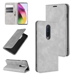 For OnePlus 8 Retro-skin Business Magnetic Suction Leather Case with Holder & Card Slots & Wallet(Grey) (OEM)