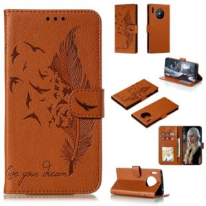 For Huawei Mate 30 Pro Feather Pattern Litchi Texture Horizontal Flip Leather Case with Holder & Wallet & Card Slots(Brown) (OEM)