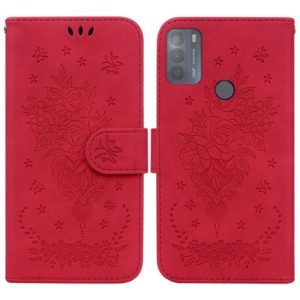 For Motorola Moto G50 Butterfly Rose Embossed Leather Phone Case(Red) (OEM)