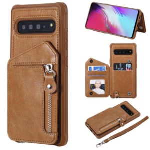 For Galaxy S10 5G Dual Buckles Zipper Shockproof Back Cover Protective Case with Holder & Card Slots & Wallet & Lanyard & Photos Frames(Coffee) (OEM)