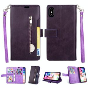 For iPhone XS Max Multifunctional Zipper Horizontal Flip Leather Case with Holder & Wallet & 9 Card Slots & Lanyard(Purple) (OEM)