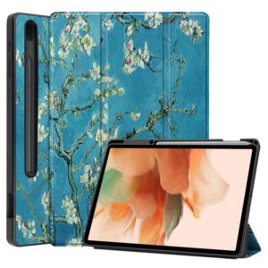 For Samsung Galaxy Tab S7 Lite T730 / T735 / Tab S7 FE T736 Custer Painted TPU Smart Tablet Leather Case with Sleep / Wake-up Function & 3-Fold Holder & Pen Slot(Apricot Blossom) (OEM)