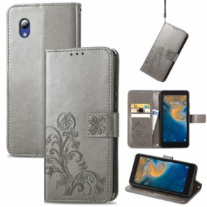 For ZTE Blade A31 Lite Four-leaf Clasp Embossed Leather Case with Lanyard & Card Slot & Wallet & Holder(Grey) (OEM)