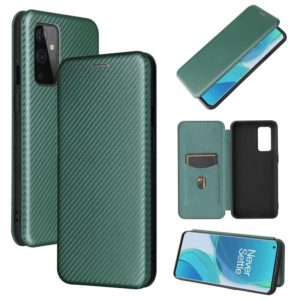 For OnePlus 9 Carbon Fiber Texture Horizontal Flip TPU + PC + PU Leather Case with Card Slot(Green) (OEM)