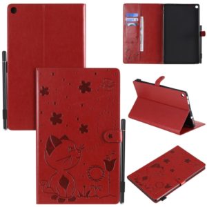 For Amazon Kindle Fire HD 10 (2015) / (2017) Cat Bee Embossing Pattern Shockproof Table PC Protective Horizontal Flip Leather Case with Card Slots & Wallet & Pen Slot & Sleep / Wake-up Function(Red) (OEM)