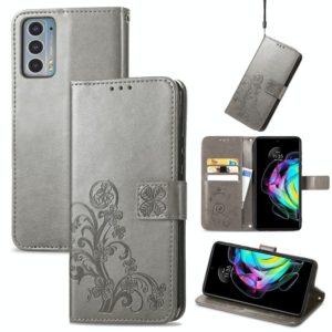 For Motorola Edge 20 Four-leaf Clasp Embossed Buckle Mobile Phone Protection Leather Case with Lanyard & Card Slot & Wallet & Bracket Function(Grey) (OEM)