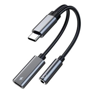 TA2B USB-C / Type-C Male to PD 60W USB-C / Type-C Charging + 3.5mm Audio Female Earphone Adapter (Silver Grey) (OEM)