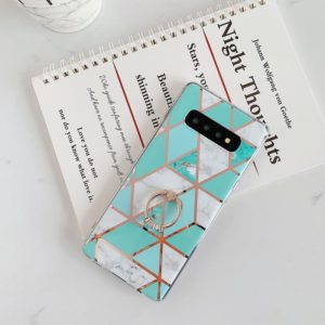 For Galaxy S10e Plating Colorful Geometric Pattern Mosaic Marble TPU Mobile Phone Case Rhinestone Stand Ring(Green PR2) (OEM)