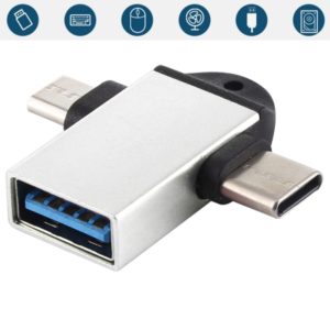 USB 3.0 Female to USB-C / Type-C Male + Micro USB Male Multi-function OTG Adapter with Sling Hole (Silver) (OEM)
