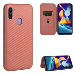 For Samsung Galaxy M11 Carbon Fiber Texture Horizontal Flip TPU + PC + PU Leather Case with Rope & Card Slot(Brown) (OEM)