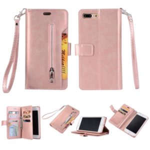 For iPhone 8 Plus & 7 Plus Multifunctional Zipper Horizontal Flip Leather Case with Holder & Wallet & 9 Card Slots & Lanyard(Rose Gold) (OEM)