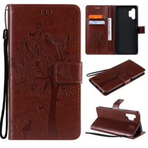 For Samsung Galaxy A32 5G Tree & Cat Pattern Pressed Printing Horizontal Flip PU Leather Case with Holder & Card Slots & Wallet & Lanyard(Coffee) (imak) (OEM)