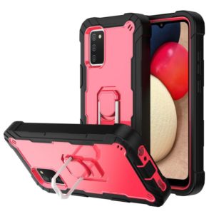 For Samsung Galaxy A02s PC + Rubber 3-layers Shockproof Protective Case with Rotating Holder(Black + Rose Red) (OEM)