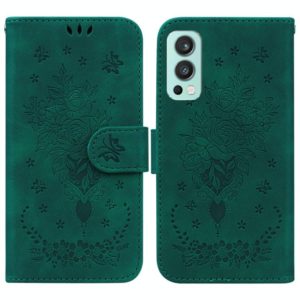 For OnePlus Nord 2 5G Butterfly Rose Embossed Leather Phone Case(Green) (OEM)