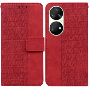 For Huawei P50 Pro Geometric Embossed Leather Phone Case(Red) (OEM)