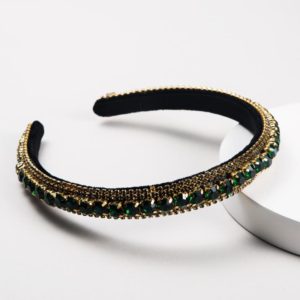 Multi-layer Glass Rhinestones Headband Full Rhinestones Gold Velvet Hairband(Green) (OEM)