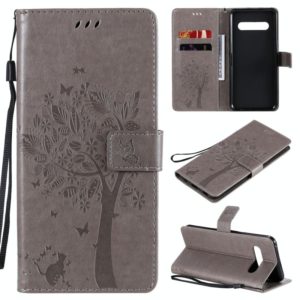 For LG V60 ThinQ 5G Tree & Cat Embossed Pattern Horizontal Flip Leather Case with Holder & Card Slots & Wallet & Lanyard(Grey) (OEM)