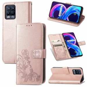 For OPPO Realme 8 5G / Realme V13 5G Four-leaf Clasp Embossed Buckle Mobile Phone Protection Leather Case with Lanyard & Card Slot & Wallet & Bracket Function(Rose Gold) (OEM)