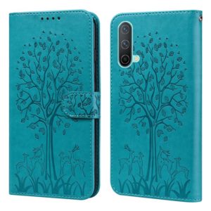 For OnePlus Nord CE 5G Tree & Deer Pattern Pressed Printing Horizontal Flip Leather Phone Case(Blue) (OEM)