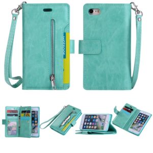 For iPhone SE 2022 / SE 2020 / 8 / 7 Multifunctional Zipper Horizontal Flip Leather Case with Holder & Wallet & 9 Card Slots & Lanyard(Mint Green) (OEM)