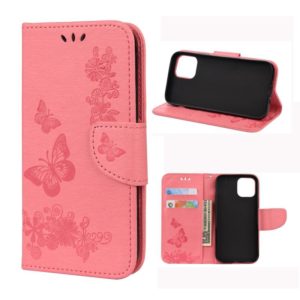 For iPhone 12 / 12 Pro Vintage Embossed Floral Butterfly Pattern Horizontal Flip Leather Case with Card Slot & Holder & Wallet & Lanyard(Pink) (OEM)