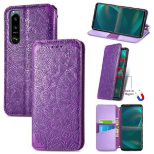 For Sony Xperia 5 III Blooming Mandala Embossed Pattern Magnetic Horizontal Flip Leather Case with Holder & Card Slots & Wallet(Purple) (OEM)