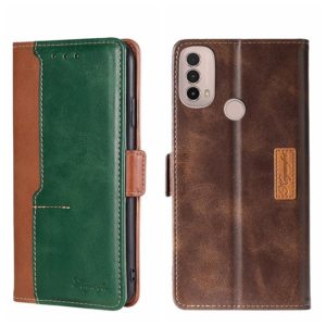 For Motorola Moto E40 Contrast Color Side Buckle Leather Phone Case(Light Brown + Green) (OEM)