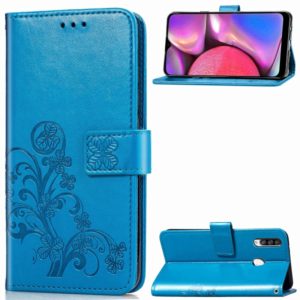 For Galaxy A20S Four-leaf Clasp Embossed Buckle Mobile Phone Protection Leather Case with Lanyard & Card Slot & Wallet & Bracket Function(Blue) (OEM)