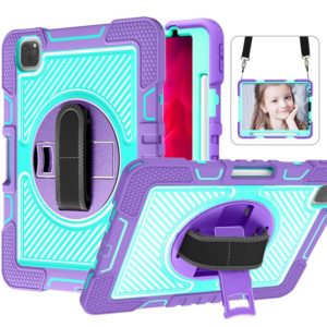 For iPad Pro 11 2022 / 2021 / 2020 / 2018 / Air 2020 10.9 360-Rotation Contrast Color Shockproof Silicone PC Tablet Case with Holder & Hand Grip Strap & Shoulder Strap (Purple + Mint Green) (OEM)