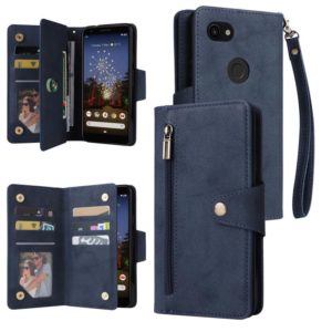 For Google Pixel 3A Rivet Buckle 9 Cards Three Fold Leather Phone Case(Blue) (OEM)