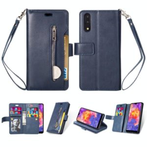 For Huawei P20 Multifunctional Zipper Horizontal Flip Leather Case with Holder & Wallet & 9 Card Slots & Lanyard(Blue) (OEM)