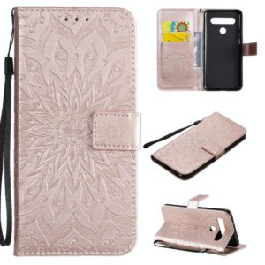 For LG K61 Pressed Printing Sunflower Pattern Horizontal Flip PU Leather Case Holder & Card Slots & Wallet & Lanyard(Rose Gold) (OEM)