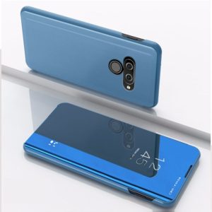 For LG Q60 Plating Mirror Left and Right Flip Cover with Bracket Holster(Blue) (OEM)