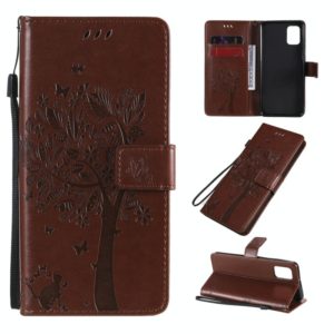 For Samsung Galaxy A31 Tree & Cat Embossed Pattern Horizontal Flip Leather Case with Holder & Card Slots & Wallet & Lanyard(Coffee) (OEM)