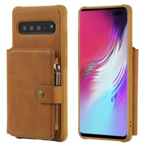For Galaxy S10 5G Buckle Zipper Shockproof Protective Case with Holder & Card Slots & Wallet & Lanyard & Photos Frames(Brown) (OEM)