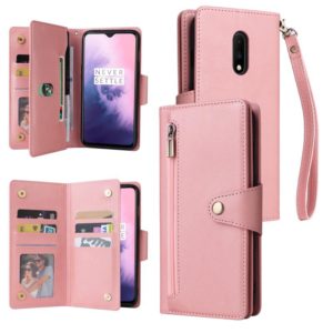For OnePlus 7 Rivet Buckle 9 Cards Three Fold Leather Phone Case(Rose Gold) (OEM)