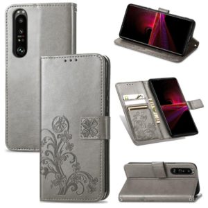 For Sony Xperia 1 III Four-leaf Clasp Embossed Buckle Mobile Phone Protection Leather Case with Lanyard & Card Slot & Wallet & Bracket Function(Gray) (OEM)