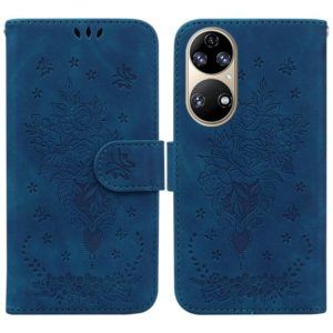 For Huawei P50 Butterfly Rose Embossed Leather Phone Case(Blue) (OEM)