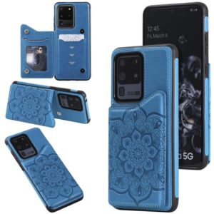 For Samsung Galaxy S20 Ultra Flower Embossing Pattern Shockproof Protective Case with Holder & Card Slots & Photo Frame(Blue) (OEM)