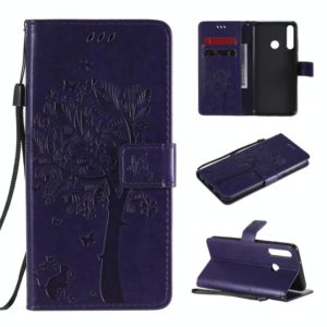 For Huawei Y6p Tree & Cat Embossed Pattern Horizontal Flip Leather Case with Holder & Card Slots & Wallet & Lanyard(Purple) (OEM)