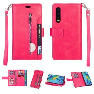 For Huawei P30 Multifunctional Zipper Horizontal Flip Leather Case with Holder & Wallet & 9 Card Slots & Lanyard(Rose Red) (OEM)