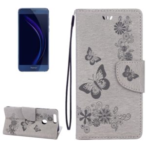 For Huawei Honor 8 Butterflies Embossing Horizontal Flip Leather Case with Holder & Card Slots & Wallet & Lanyard(Grey) (OEM)