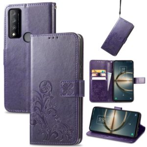 For TCL 30 V 5G Four-leaf Clasp Embossed Buckle Leather Phone Case(Purple) (OEM)
