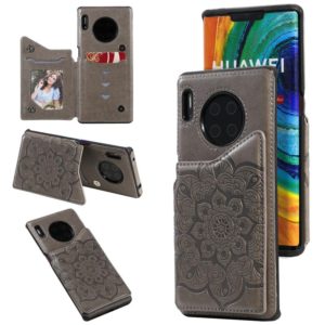 For Huawei Mate 30 Pro Flower Embossing Pattern Shockproof Protective Case with Holder & Card Slots & Photo Frame(Grey) (OEM)